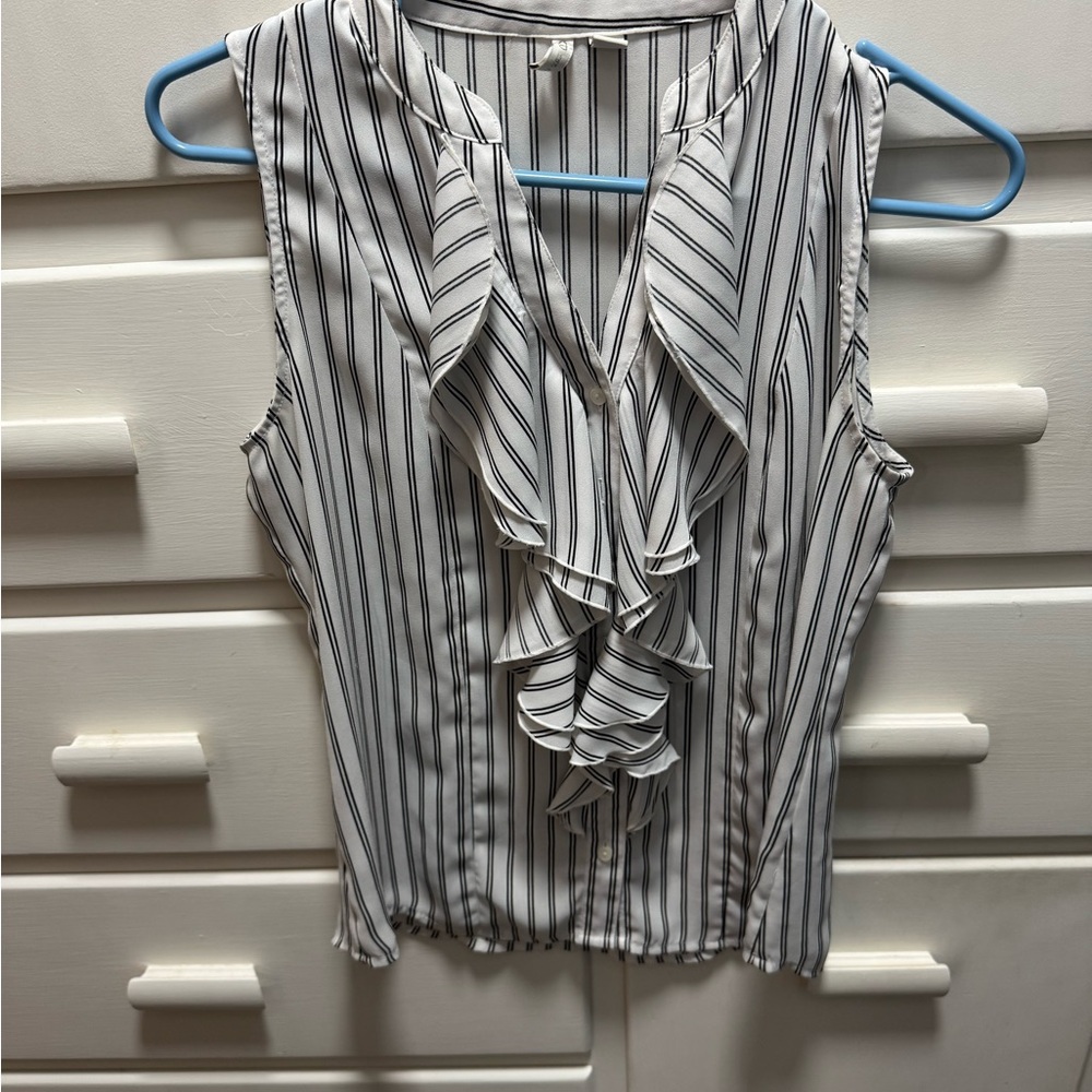 CATO Black and White Striped Ruffle Blouse